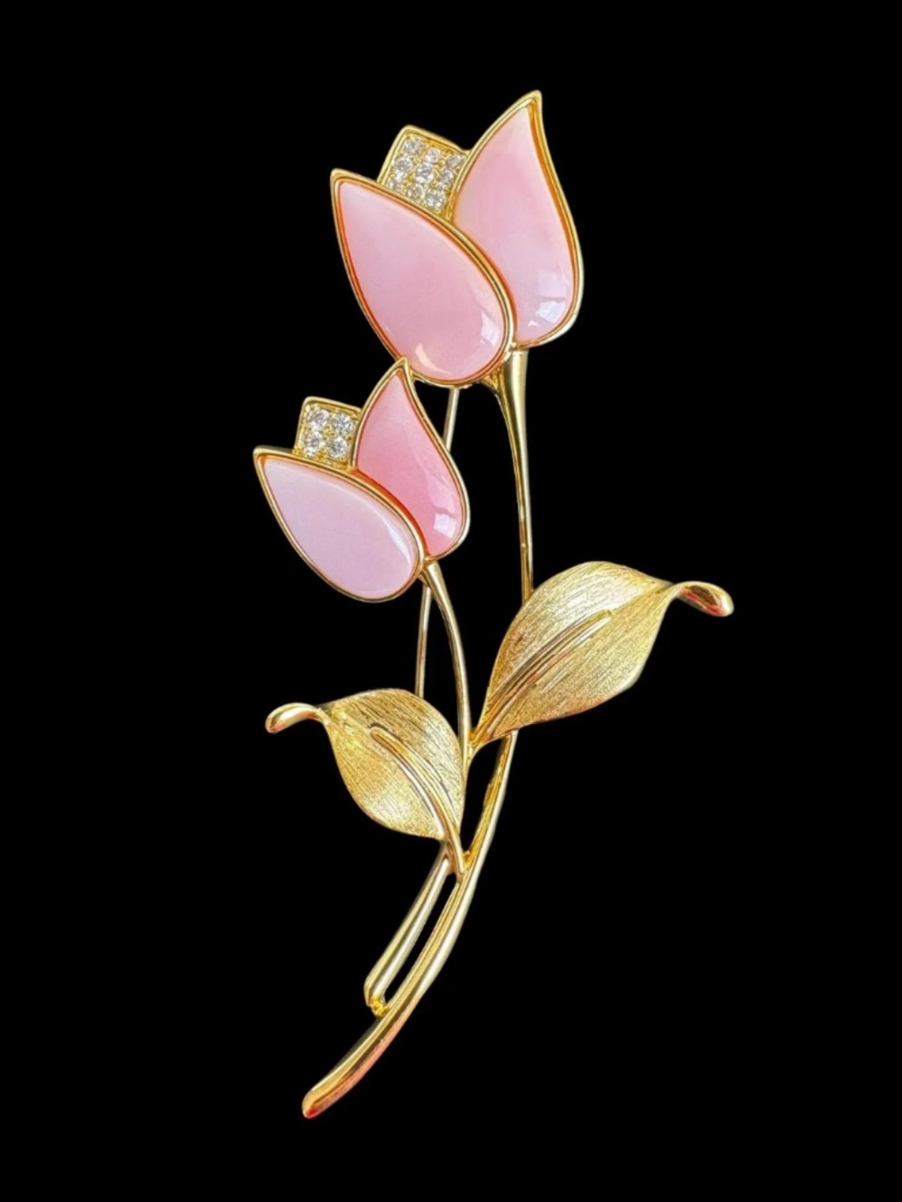 Pink Tulip Brooch Gold Tone Floral Pin Brushed Metal Leaves Romantic Gift